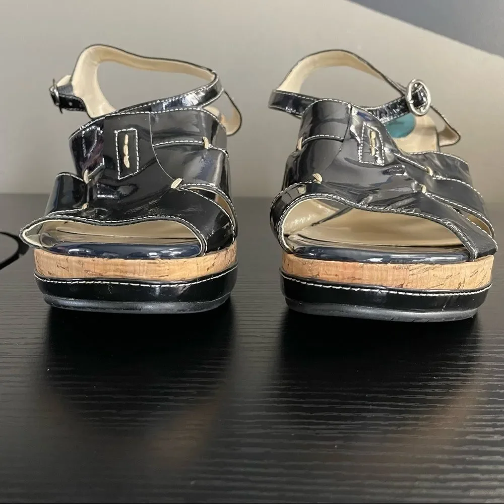 Fitzwell Navy Patent Leather and Cork Platform Wedge Strap Sandals, 9 1/2